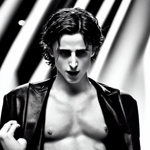 Prompt: B&W still from Sin City 4 (2027) starting an aged Timothy Chalamet