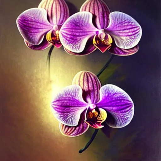 Prompt: surreal multilayer orchid petals, refracted lighting, photorealistic, soft, sharp focus, art by collier, albert aublet, krenz cushart, artem demura, alphonse mucha