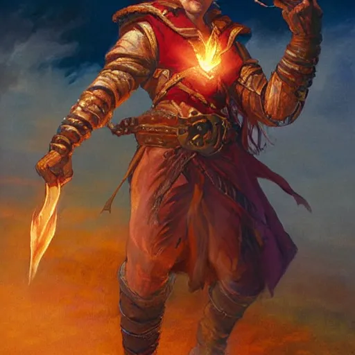 Image similar to beautiful painting of a very short and small male halfing bard from pathfinder, casting fireball, painted by larry elmore, wayne reynolds, greg rutkowski, magic the gathering, dungeons and dragons,