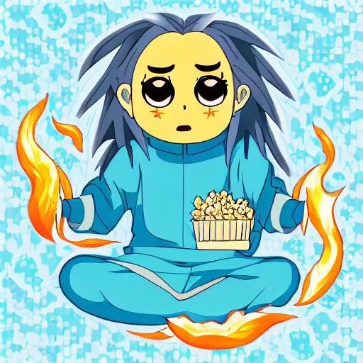 Prompt: fluffy strange popcorn elemental spirit anime character with a smiling face and flames for hair, sitting on a lotus flower, clean composition, symmetrical