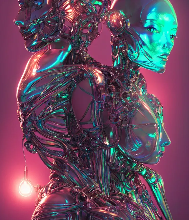 Image similar to fully symmetrical centered iridescent portrait of a beautiful princess in robe. artificial muscles, ribcage, bones, hard surface modelling. cyberpunk look. biomechanical mask. bio luminescent biomechanical halo around head. neon jellyfish. artwork by jarold Sng by artgerm, by Eddie Mendoza, by Peter mohrbacher by tooth wu, unreal engine, octane render, cinematic light, high details, iridescent colors, dichroic, macro, depth of field, blur