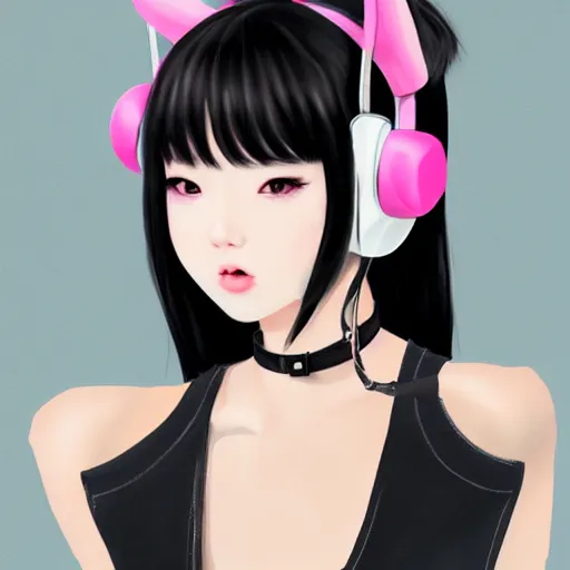 Image similar to realistic beautiful gorgeous natural cute Blackpink Lalisa Manoban black hair cute fur black cat ears, wearing white camisole, headphones, black leather choker artwork drawn full HD 4K highest quality in artstyle by professional artists WLOP, Taejune Kim, Guweiz on Artstation Pixiv