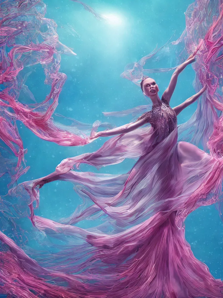 Prompt: a beautiful hyperdetailed rendering of a extremely cohesive underwater ballerina lyrical dancer with extremely long flowy dress like a beta fish fins, weightless, flowy, deep color, fine bubbles, cryengine, 8 k, extreme detail, realism, realistic, surrealist, full subject in frame and view, epic scale ultrawide angle, aquasixio