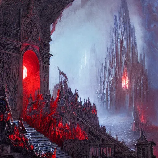 Image similar to the holy castle of Hades, hellish, bright in fury, red and blue, with demon statues, hyperdetailed, artstation trending, world renowned artists, worth1000.com, historic artworks society, antique renewel, cgsociety, by greg rutkowski, by Gustave Dore, Deviantart