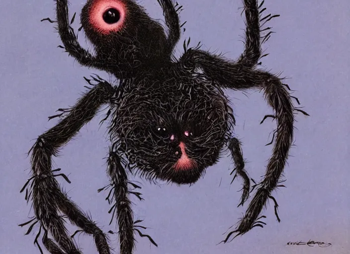 Prompt: a picture of an horrific spider! with a cat! head, art by wayne barlowe and