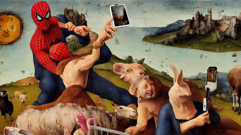 Image similar to A butcher and sheep wearing a spiderman costume taking a selfie smiling, in the fashion of Hieronymus Bosch, oil on canvas, painting, 4k, wide shot