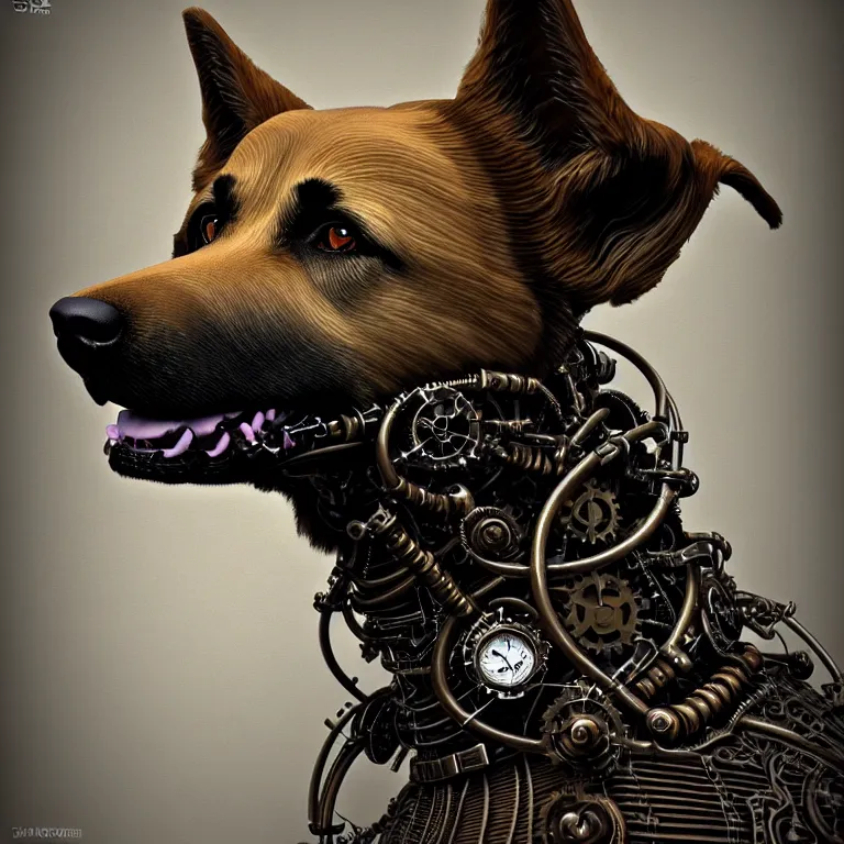 Image similar to steampunk cybernetic biomechanical german shepard dog, 3 d model, very coherent symmetrical artwork, unreal engine realistic render, 8 k, micro detail, intricate, elegant, highly detailed, centered, digital painting, artstation, smooth, sharp focus, illustration, artgerm, tomasz alen kopera, wlop