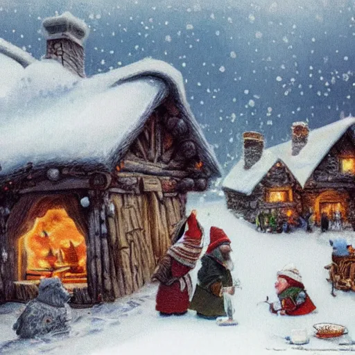 Image similar to many dwarves in front of a warm cabin in the snow, winter wonderland, cozy, nostalgia, Christmas, warmness, artwork in the style of Alan Lee
