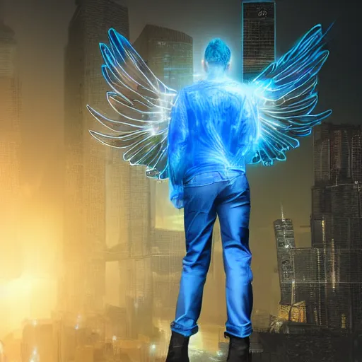 Prompt: young man from behind with wings of pure blue energy coming out of his back flying off into a cyberpunk city, highly detailed, realistic, symmetrical face, art by digital painting,