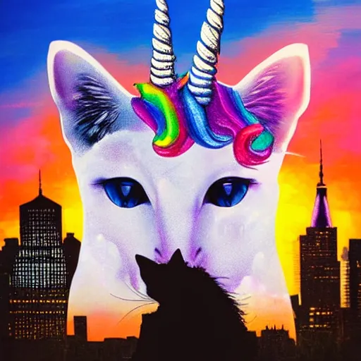 Prompt: a surreal art of a unicorn cat, watching the sunset over manhattan