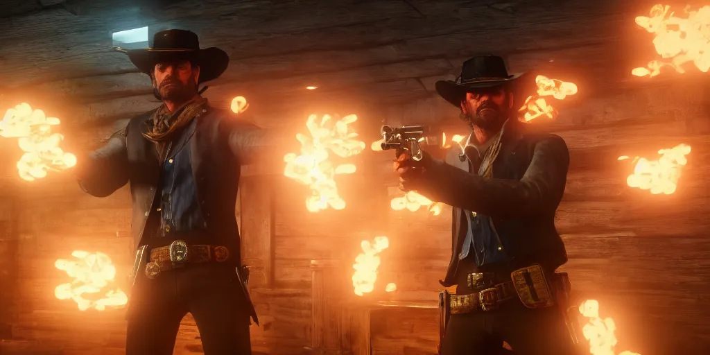 Image similar to a futuristic cowboy firing a glowing revolver to his enemies in a wild western bar, gunpowder and fog everywhere, red dead redemption 2, trending on artstation, digital art, award winning, cinematic lightning, ray tracing, 8k, Highly Detailed