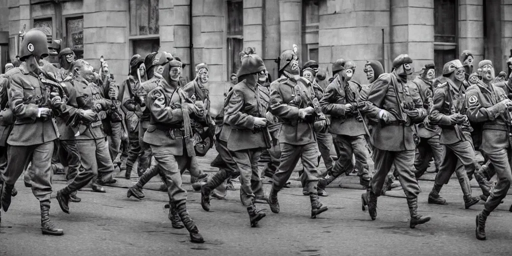 Image similar to german forces as minions from despicable me winning world war 2 and parading through berlin, hyper realistic, award winning photo, award winning, sharp focus, black and white