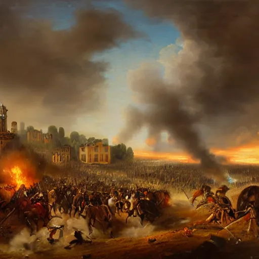 Prompt: Highly detailed and cinematic romantic period oil painting of the battle of Waterloo, with a detailed and realistic tardis from dr who, strong atmosphere, oil painting masterpiece by Josep Tapiró Baró, dynamic lighting, 8K