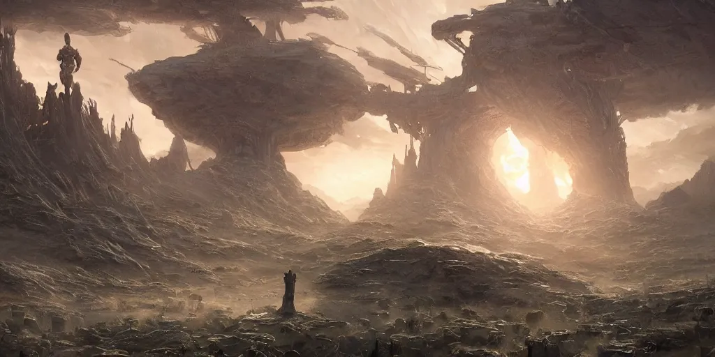 Image similar to thumbnails of alien concuring on a planet with high tech fantasy / magical machinery, cinematic composition, a fantasy digital painting by greg rutkowski and james gurney, trending on artstation, highly detailed, hyperrealistic, realistic, photorealistic, dynamic lighting, highly detailed, cinematic landscape, studio landscape, studio lighting