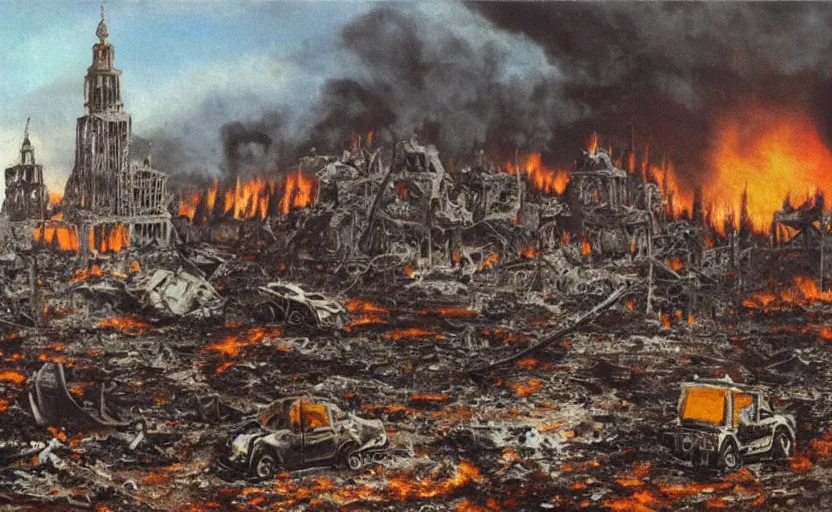 Prompt: a lego toy in a destroyed burning soviet city, everything is burning, oil on canvas, by ivan shishkin