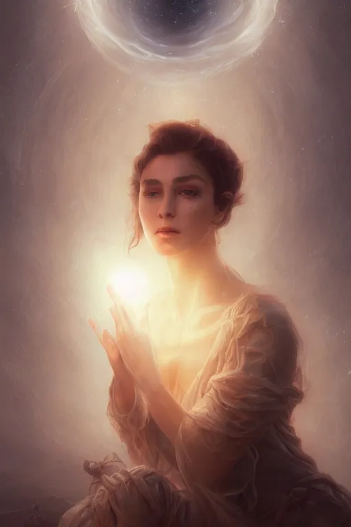 Image similar to dusty wind blowing!!!, orbs of light translucent skin, dreaming of the void! cinematic volumetric lights, bust portrait, dnd, fantasy, intricate, elegant, highly detailed, digital painting, artstation, concept art, smooth, sharp focus, illustration, art by artgerm and tom bagshaw and greg rutkowski and alphonse mucha