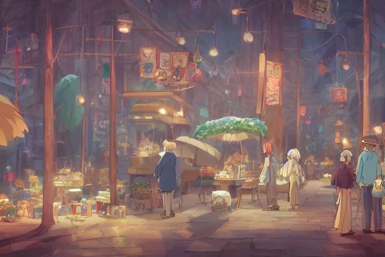 Image similar to Buyers choosing magic animals in magic animals market. 4K digital paint by studio Ghibli Hayao Miyazaki. Very sharp and detailed. Trending on ArtStation and Behance.