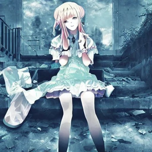 Prompt: vocaloid in abandoned city, dark, despair, loneliness