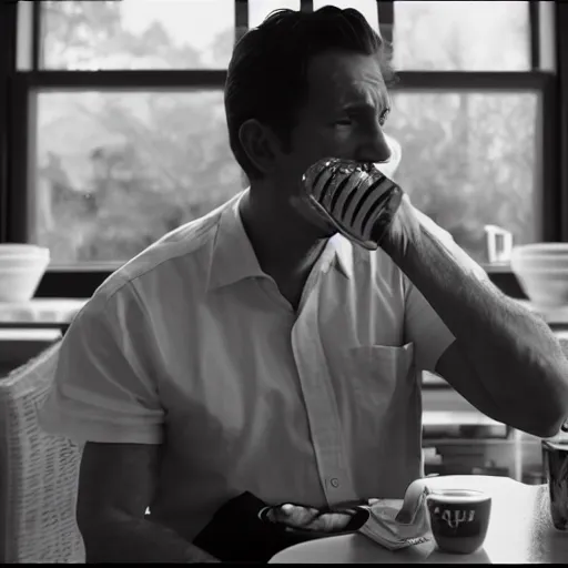 Prompt: a cinematic frame of a man drinking the best espresso ever