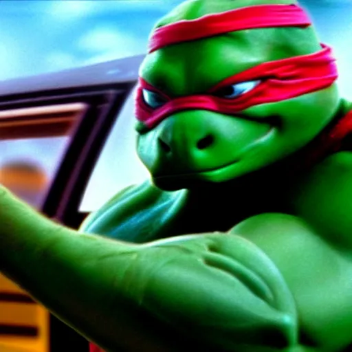 Image similar to film still of michelangelo ( tmnt ) failing his drivers test