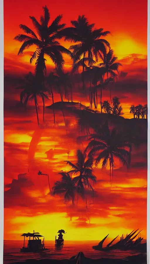 Prompt: donald trump on the apocalypse now poster, red sunset, bending river in the jungle, air brush, oil paint