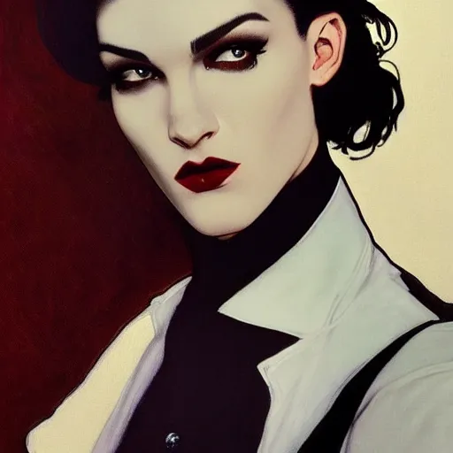 Prompt: handsome portrait of androgynous ruby rose as desire from sandman in a white tuxedo!!!, rockabilly style,, by alphonse mucha, by jeremy mann, by peter lindbergh, dave mckean, by frank moth, white suit and black tie, soft lightning, high detailed, 8 k