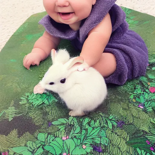 Image similar to Baby bunny who thinks Elina is the loveliest person in the world, hanging out on fluffy mountains portrait