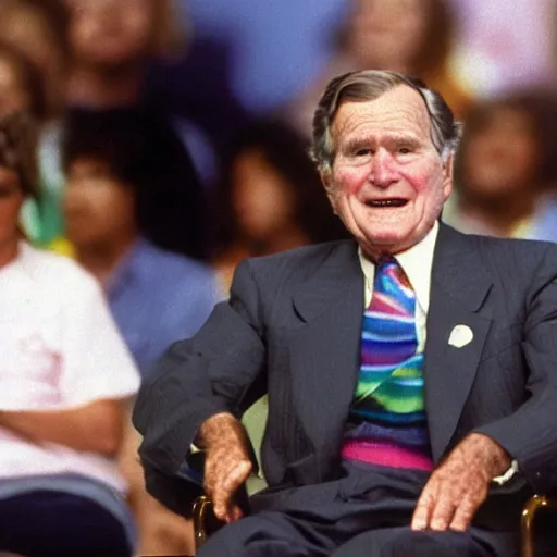 Prompt: George HW Bush wearing a puffy rainbow wig, speaking, 1990 photo