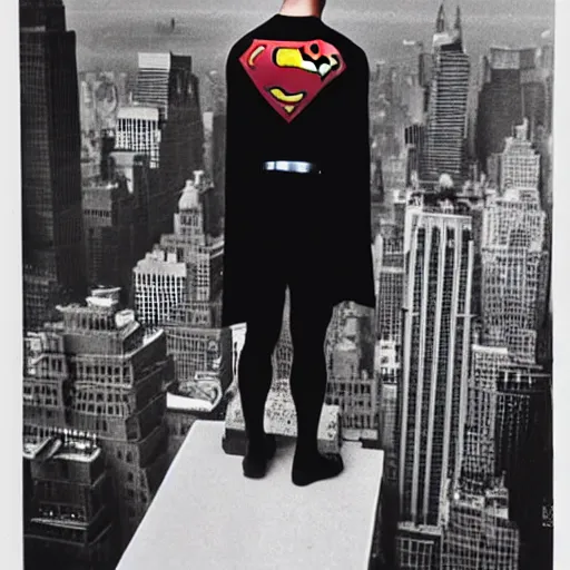 Prompt: superman from back hands on waist standing on top of the empire state building strong stance photo by annie leibovitz