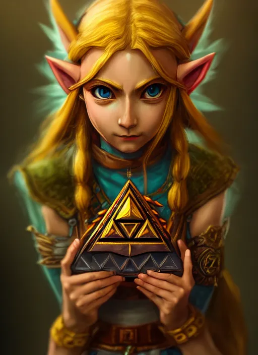 Image similar to zelda with triforce, majora's mask, fantasy, intricate, elegant, highly detailed, digital painting, artstation, concept art, wallpaper, smooth, sharp focus, illustration, art by wlop