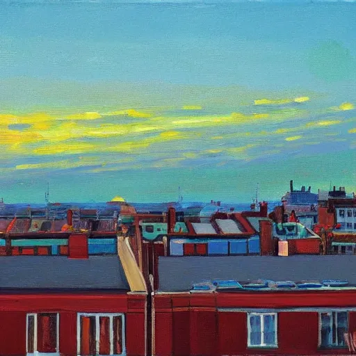 Image similar to Brighton roof tops looking west, evening light, painted by Wayne Thiebaud