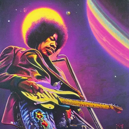 Image similar to Jimi Hendrix sitting on the rings of Saturn playing \'Purple Haze\' on his electric guitar by Moebius and Paul Lehr