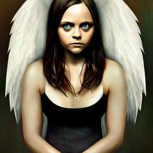 Image similar to fullbody potrait of christina ricci in as an angel, hyper realistic, digital painting. art station. mood lighting, highly detailed, concept art, intricate, sharp focus, by shaun berke - h 1 2 0 0