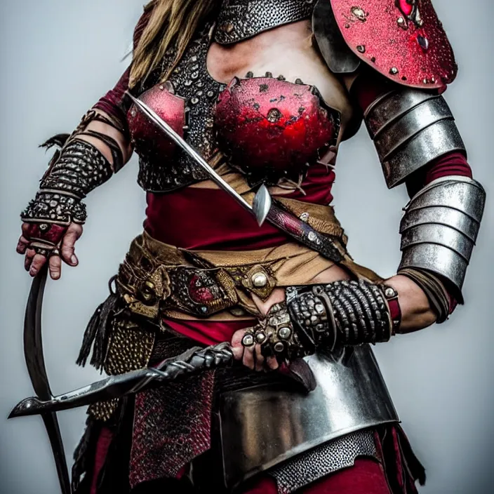 Image similar to photograph of a real-life female warrior with ruby encrusted armour. Extremely detailed. 8k