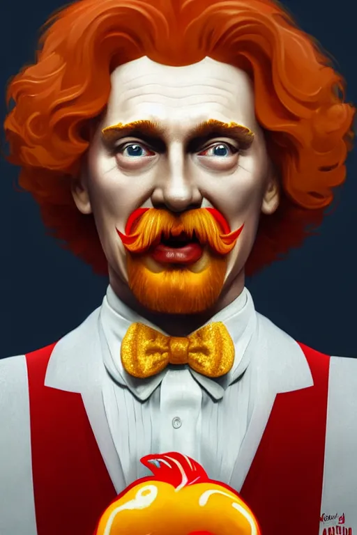 Image similar to vladimir putin as ronald mcdonald, 2 d portrait, symmetrical, highly detailed, digital painting, artstation, concept art, smooth, sharp focus, illustration, cinematic lighting, art by artgerm and greg rutkowski and alphonse mucha