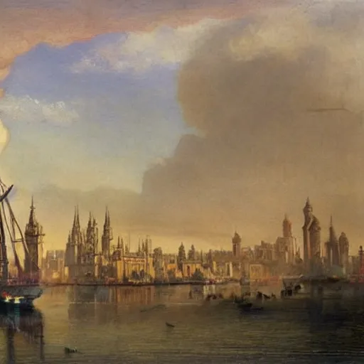 Image similar to by john harris ordered, saturated. a drawing of a tall ship sailing through a cityscape. the ship is adorned with intricate details, while the cityscape is filled with towering palaces & other grand buildings.