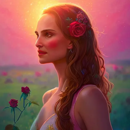 Prompt: beautiful charming goddess of sunshine and roses, inspired by natalie portman and stephanie beatriz, character art portrait, deviantart artstation, by alena aenami, by michael whelan, behance hd, bokeh