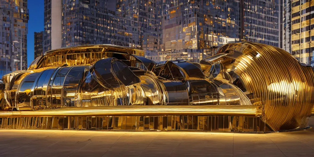 Prompt: wide angle photo of futurist building made from reflective nickel chrome with copper and gold. inspired by 1 9 2 0 locomotive. late evening with reflective pool and glowing lights. bella hadid. highly reflective and shiny. frank loyde wright