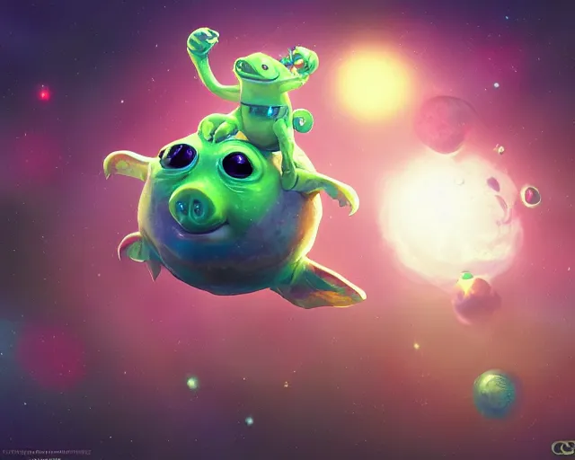 Image similar to 3D Fantasy Cute and adorable alien piggy in space, bright stars, Smooth 3D Illustration, soft render, Servando Lupini, Daniil Kudriavtsev, handpaint texture, Blender, 3DCoat