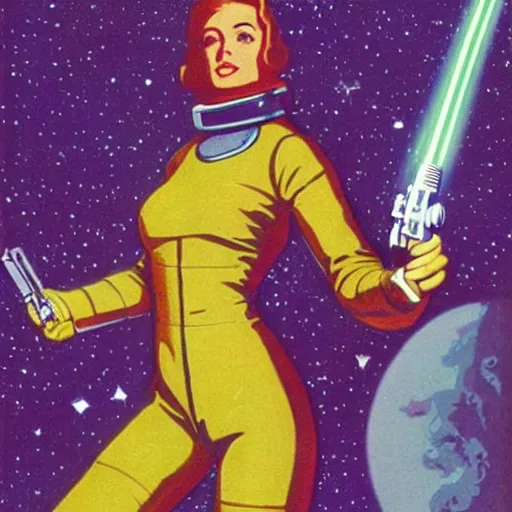 Image similar to retro sci - fi art of a beautiful woman in a retro - future spacesuit floating through space. she is holding a lazer blaster in hand.