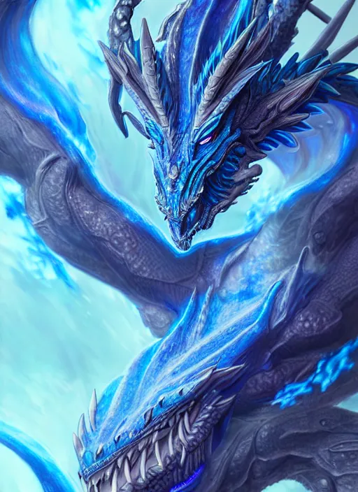 Image similar to muscular and tall blue ghostly fire humanoid dragon!!!! draconian!! intricate ornate iridescent exoesqueleton!! character concept art, sharp focus, octane render! unreal engine 5! highly rendered!! trending on artstation!! detailed linework!! illustration by artgerm, wlop, and chie yoshii