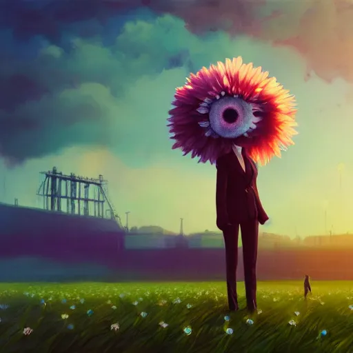 Image similar to giant daisy flower head, frontal, girl in a suit, surreal photography, sunrise, dramatic light, impressionist painting, digital painting, artstation, simon stalenhag