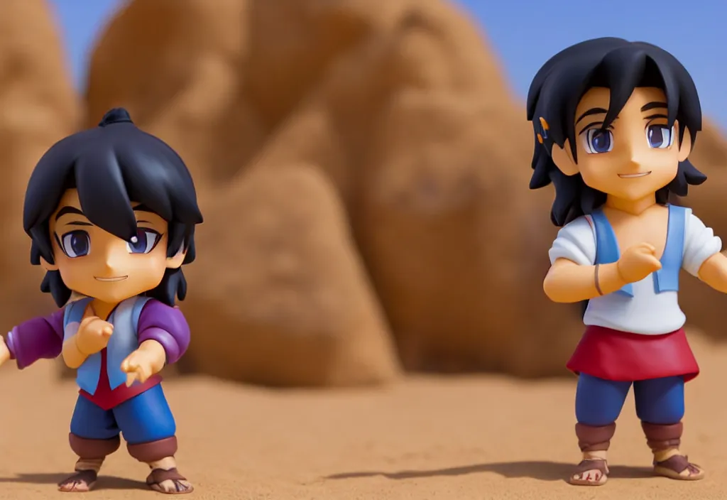 Image similar to side view of young aladdin as nendoroid running in desert village, 8 k hd dof, kodak film,