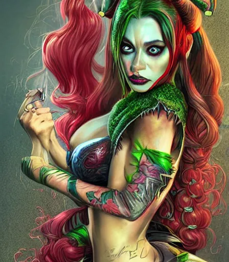 Image similar to hyper detailed comic illustration of a Elfpunk Harley Quinn and Poison Ivy ,tall, fair skin, curvaceous, gorgeous face, by artgerm, intricate details, low angle fish eye lens