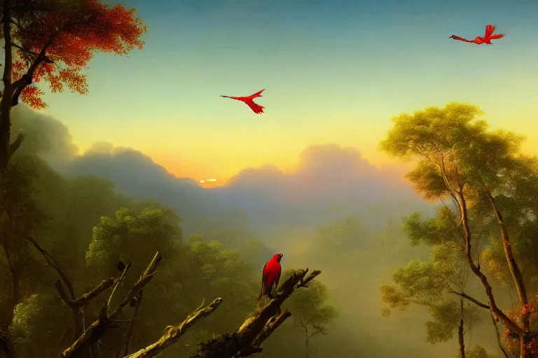 Image similar to gorgeous scarlet macaws flying at beautiful sunset in the distance through the forest, jungle mountains in the background, highly detailed, trending on art station, very detailed birds, art y ivan aivazovsky