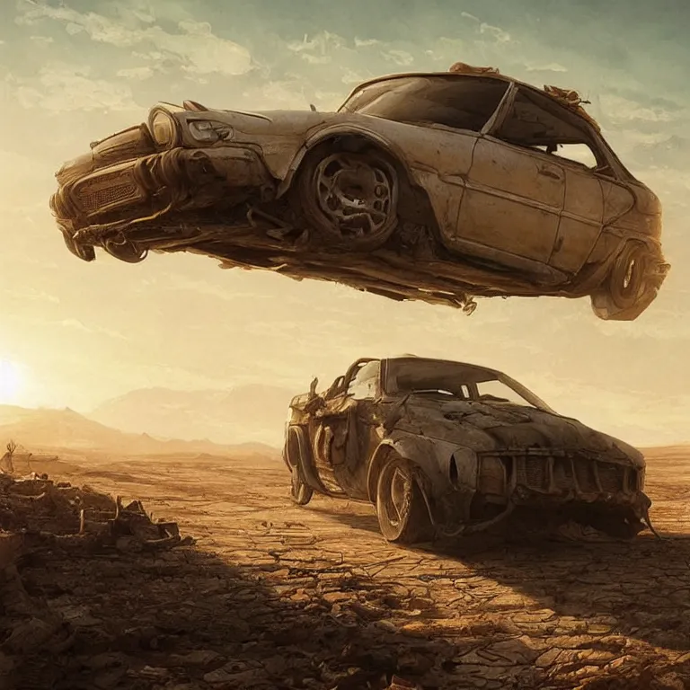 Prompt: A car trudging across a vast desert under an unrelenting sun. award winning. superb resolution. in the art style of greg rutkowski and alphonse mucha. Detailed post-apocalyptic wasteland in background. Hyper realistic. Perfect art.