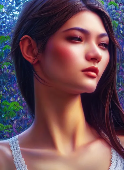 Image similar to photo of a gorgeous female in the style of stefan kostic, realistic, half body shot, sharp focus, 8 k high definition, insanely detailed, intricate, elegant, art by stanley lau and artgerm, extreme bokeh foliage