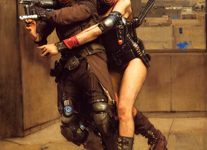 Prompt: sophia evades sgt Nash. Cyberpunk thief wearing combat vest escaping menacing police troopers (blade runner 2049). Gorgeous face. Iranian orientalist portrait by john william waterhouse and Edwin Longsden Long and Theodore Ralli and Nasreddine Dinet, oil on canvas. Cinematic, hyper realism, realistic proportions, dramatic lighting, high detail 4k
