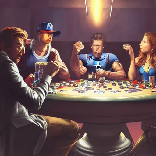 Image similar to hyperrealist portrait of the avengers playing poker, photo realistic, dynamic lighting, artstation, poster, volumetric lighting, very detailed faces, 4 k, award winning