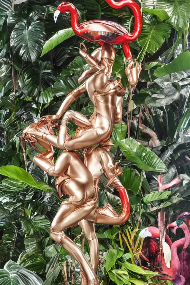 Prompt: close - up of a cyborg chrome nymph statue wrestling with a giant flamingo, surrounded by tropical monstera medinilla magnifica flower plants and thick pigmented smoke, by jeff koons, hajime soryama, boris vallejo, artgerm, greg rutkowski, alphonse mucha, kim keever